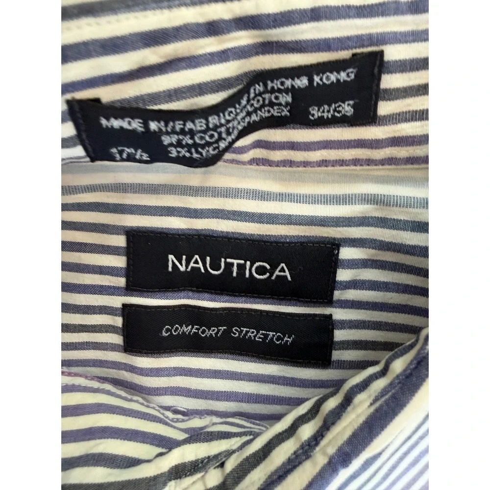 Nautica Button Down Shirt Mens 17.5 34/35 Blue Pink Striped Comfort Stretch L/XL